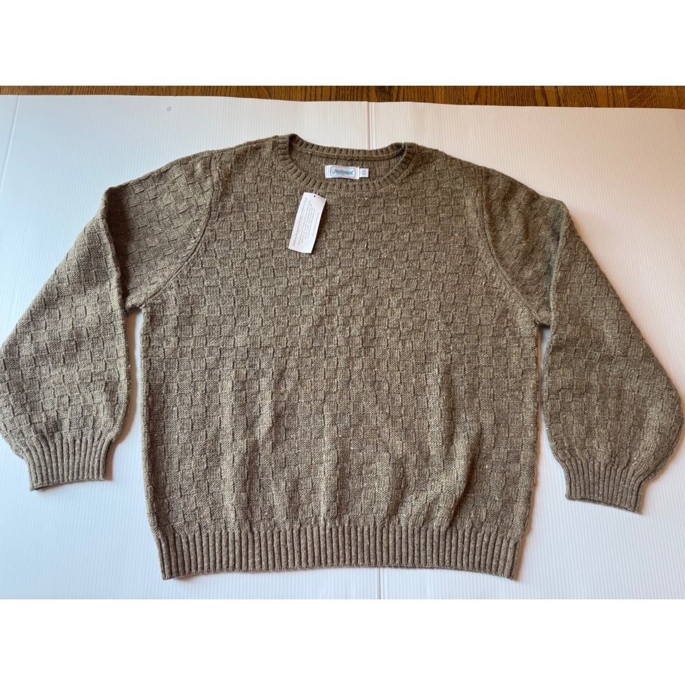 National Womens XL Taupe Brown Basketweave Knit Crewneck Sweater NWT 24102